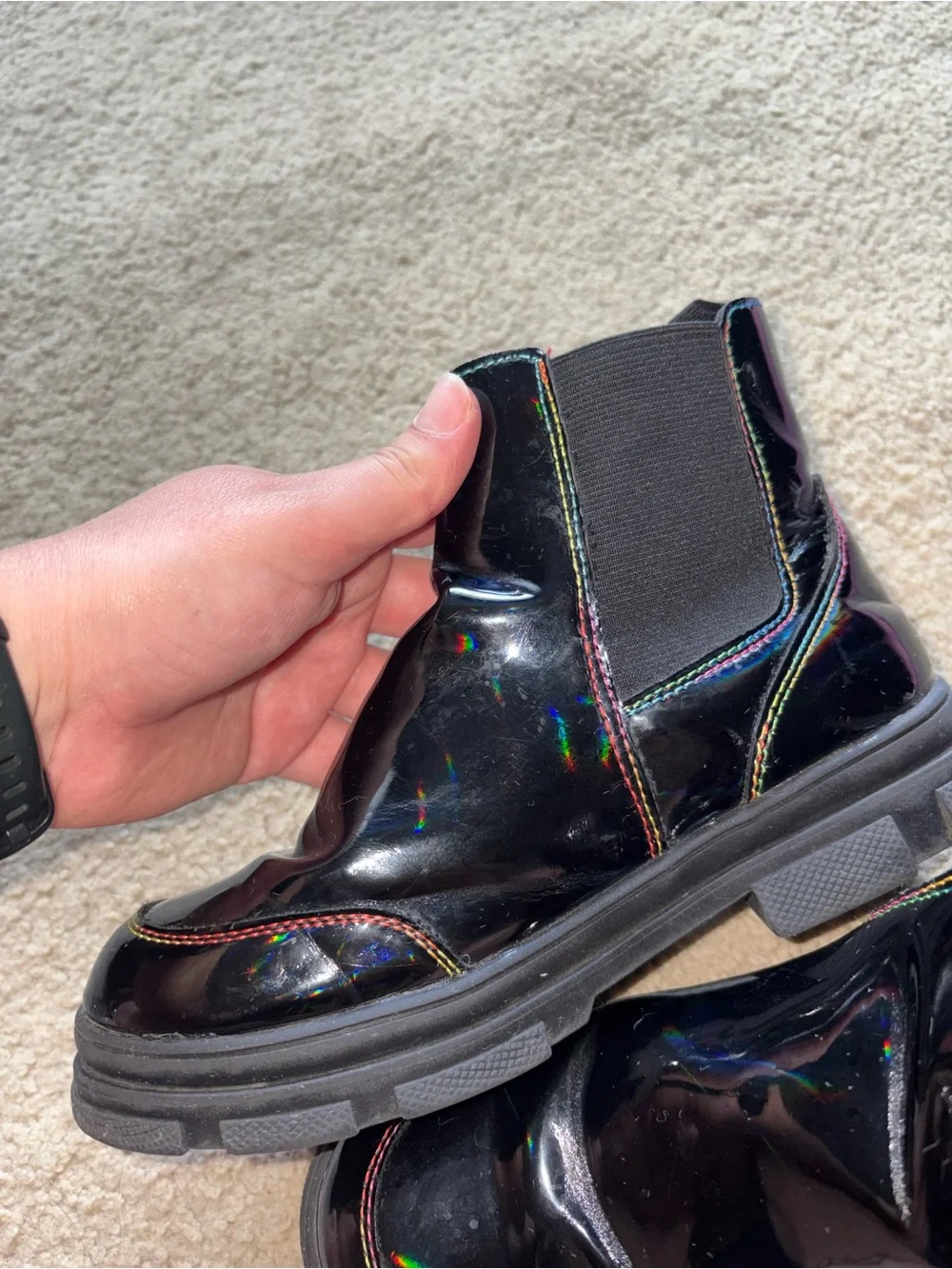 Girls Black Boots with Rainbow Stitching